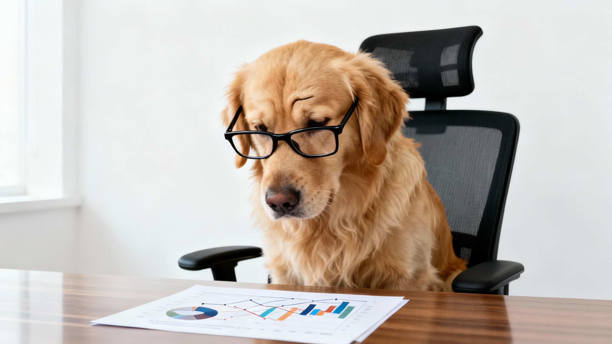 A humorous photo of a golden retriever wearing glasses, looking confused and stressed while sitting at an office desk examining a chart.