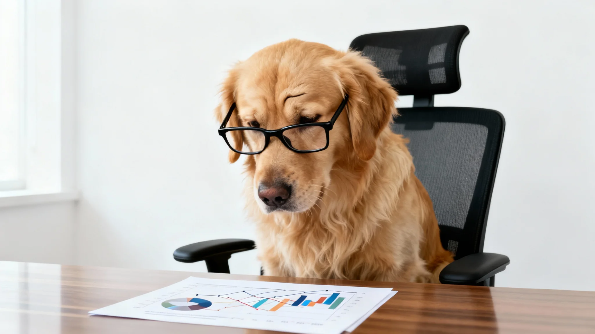 A humorous photo of a golden retriever wearing glasses, looking confused and stressed while sitting at an office desk examining a chart.