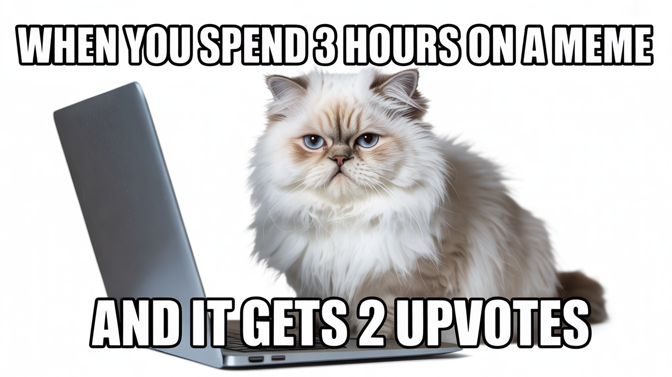 A popular-style meme featuring a grumpy white cat. The top text reads, 'WHEN YOU SPEND 3 HOURS ON a MEME', and the bottom text reads, 'AND IT GETS 2 UPVOTES', capturing a funny and relatable internet moment.