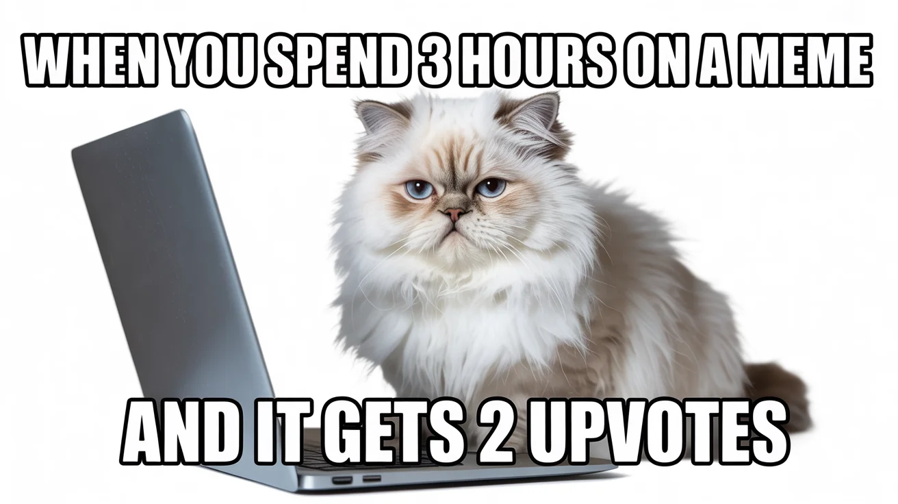 A popular-style meme featuring a grumpy white cat. The top text reads, 'WHEN YOU SPEND 3 HOURS ON a MEME', and the bottom text reads, 'AND IT GETS 2 UPVOTES', capturing a funny and relatable internet moment.