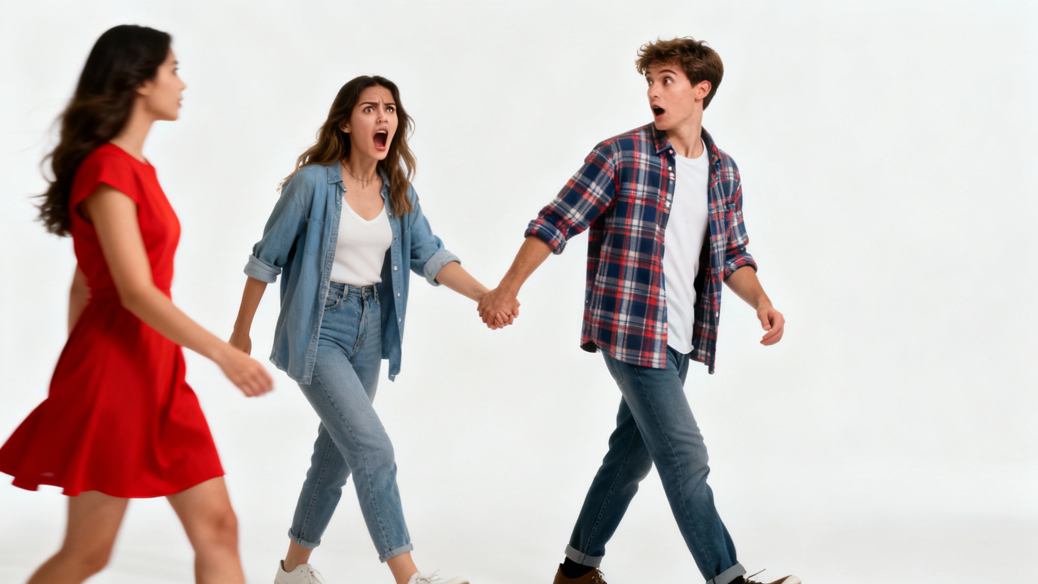 A photorealistic recreation of the popular 'Distracted Boyfriend' meme, showing a man looking admiringly at another woman while his girlfriend looks on in shock, all set against a clean white background.