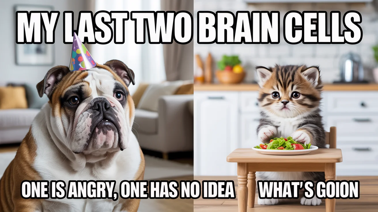 A two-panel meme mockup. The left panel shows an angry bulldog with the text 'MY LAST TWO BRAIN CELLS'. The right panel shows a confused kitten at a table with the text 'ONE IS ANGRY, ONE HAS NO IDEA WHAT'S GOING ON'.