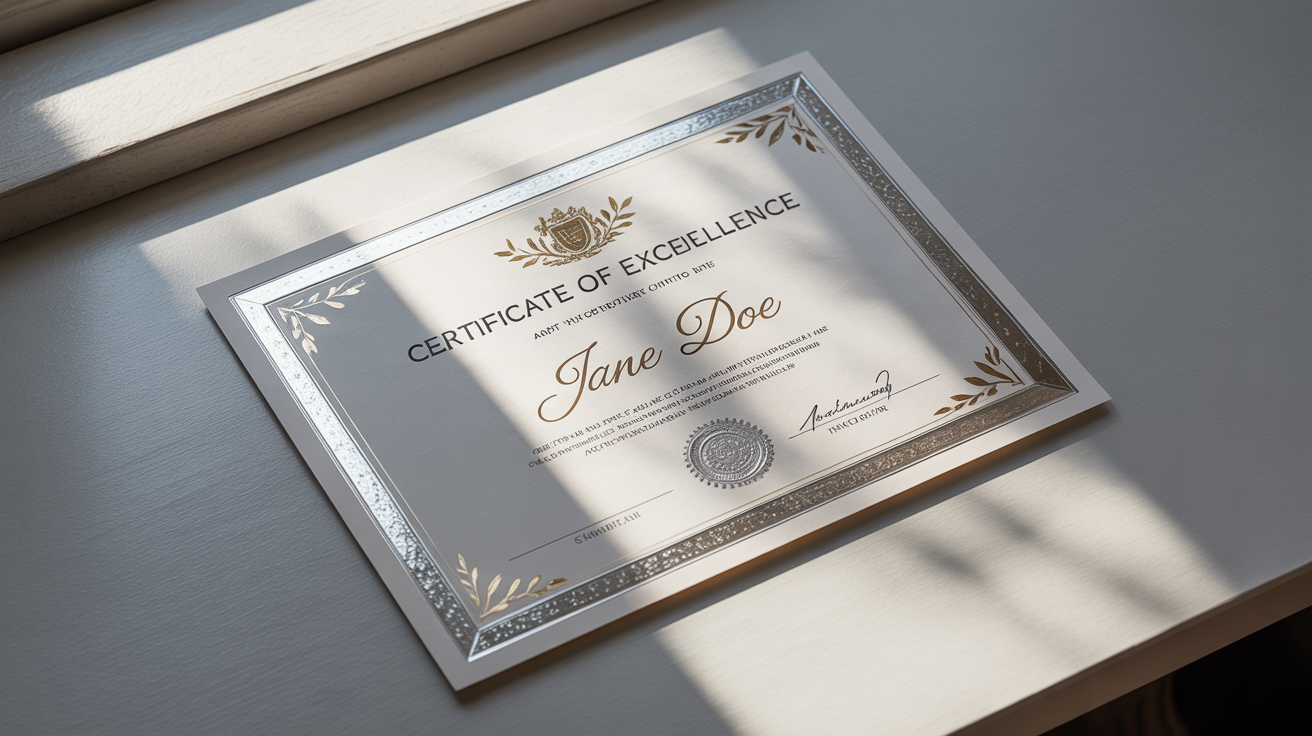 A professionally designed elegant certificate of excellence for "Jane Doe," featuring gold foil text, a silver border, and a silver seal, displayed on a clean background.
