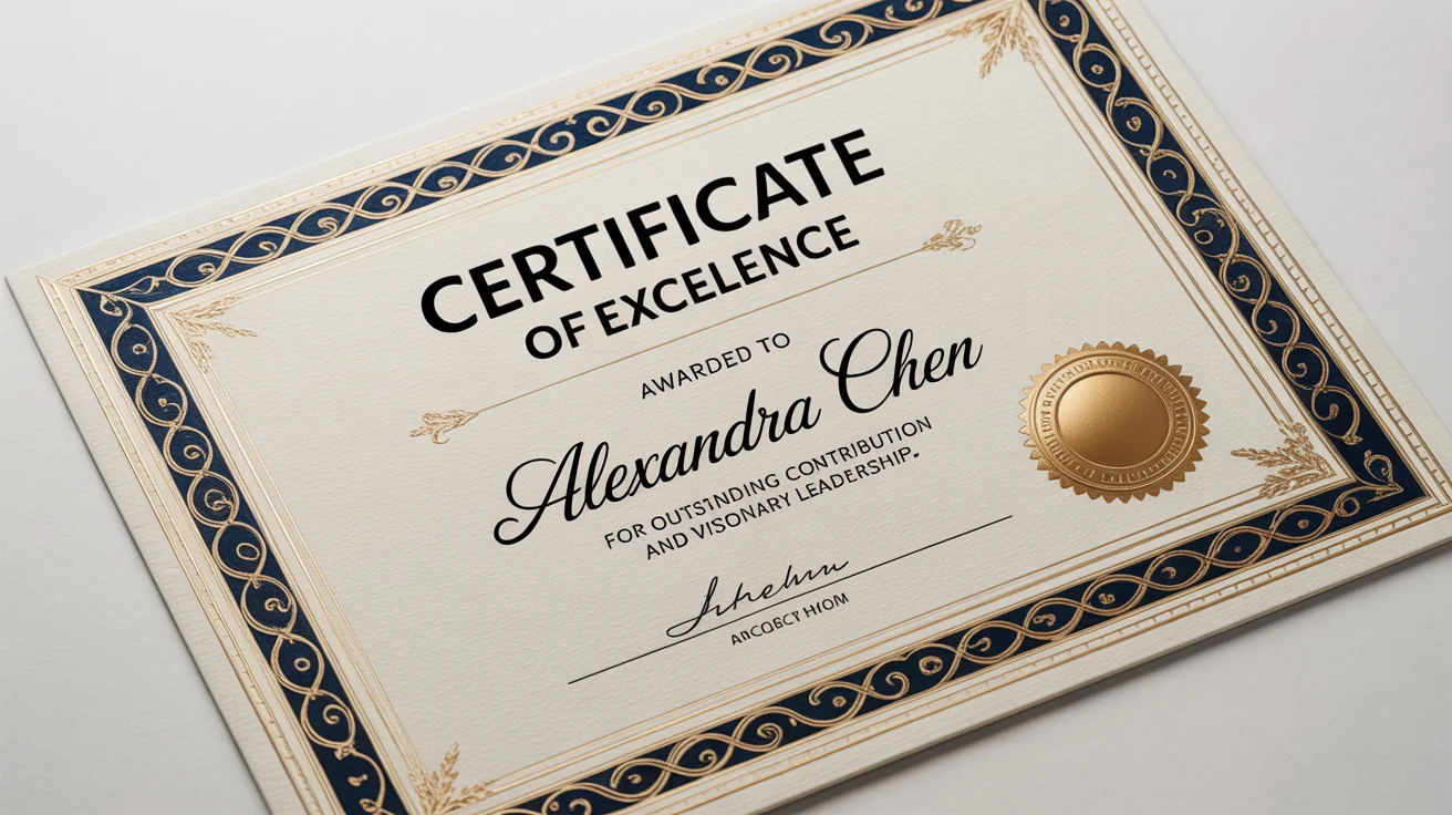 A photorealistic mockup of an elegant certificate of excellence with a gold and navy blue border and an embossed gold seal, presented on a plain white background.