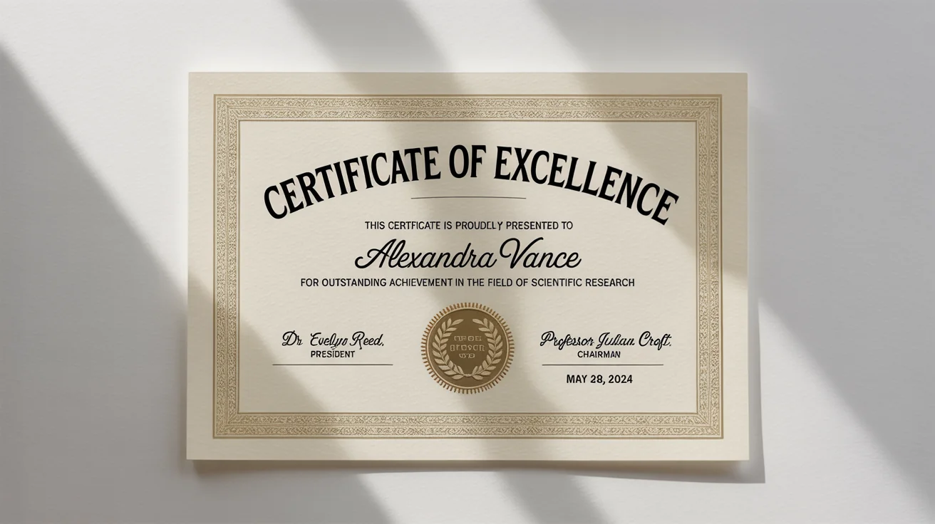 An elegant certificate of excellence with a gold border and seal, awarded to Alexandra Vance, displayed on a clean white background.