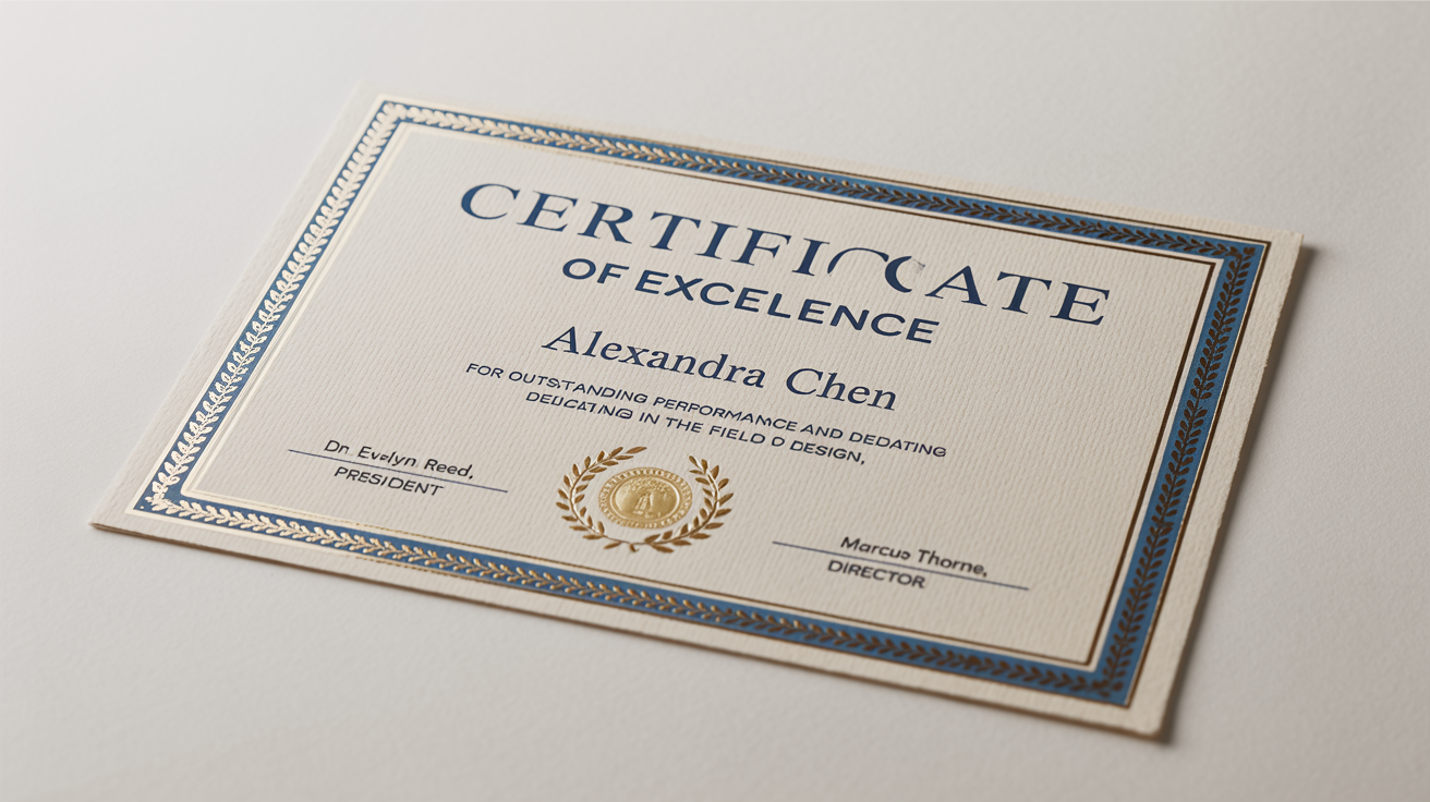 A professionally designed, elegant certificate of excellence with a gold foil seal and an ornate blue and gold border, displayed on a clean white background.