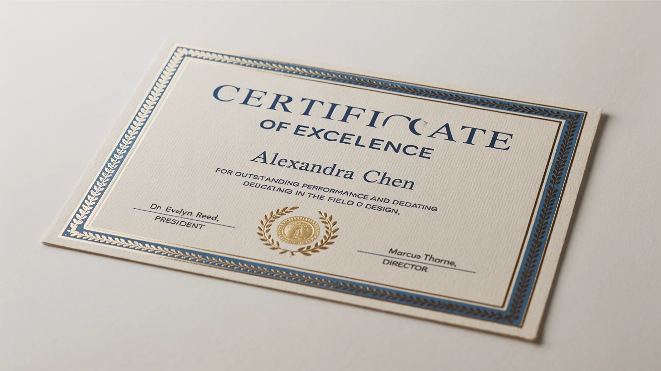 A professionally designed, elegant certificate of excellence with a gold foil seal and an ornate blue and gold border, displayed on a clean white background.