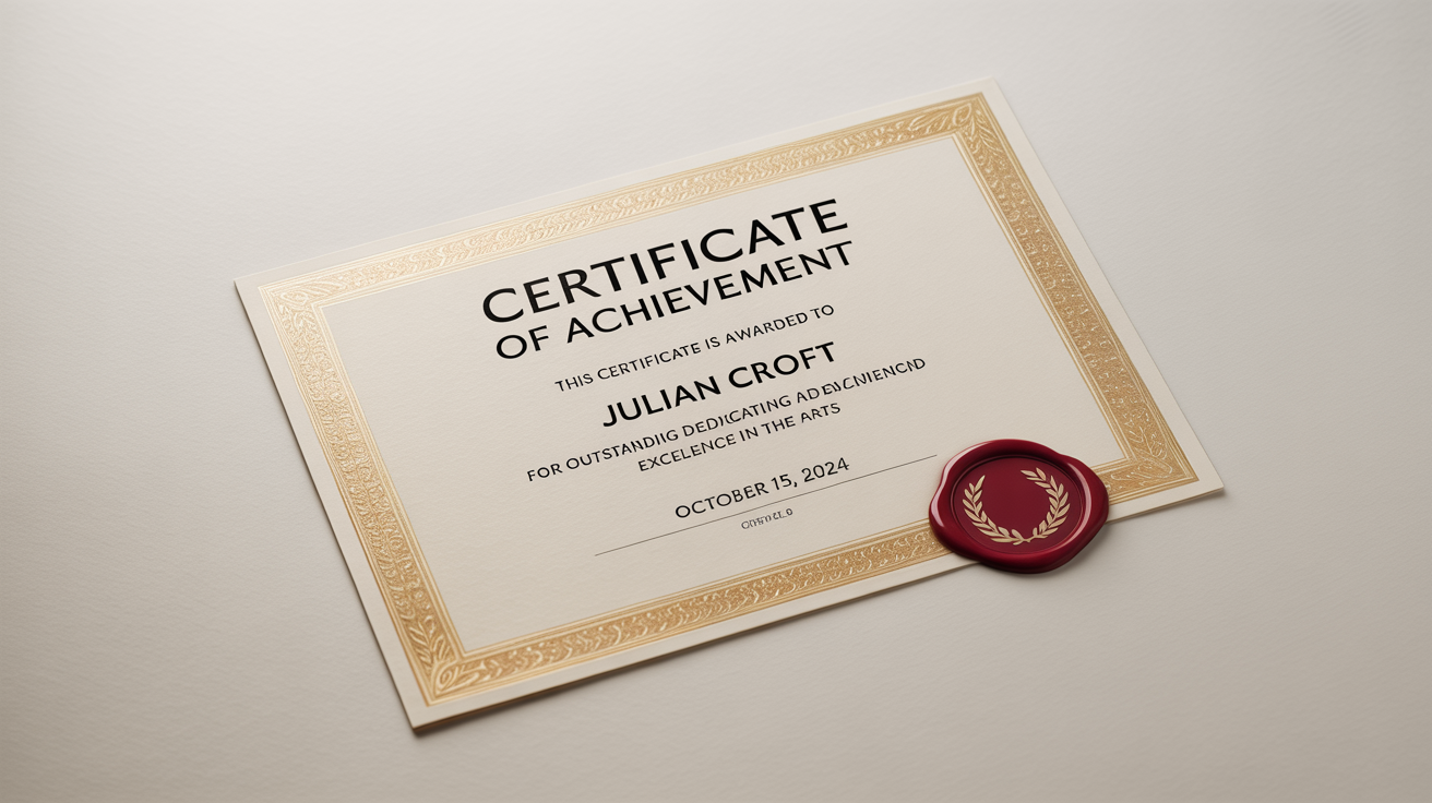 A professional mockup of an elegant certificate of achievement with a gold foil border and a red wax seal, displayed on a clean white background.