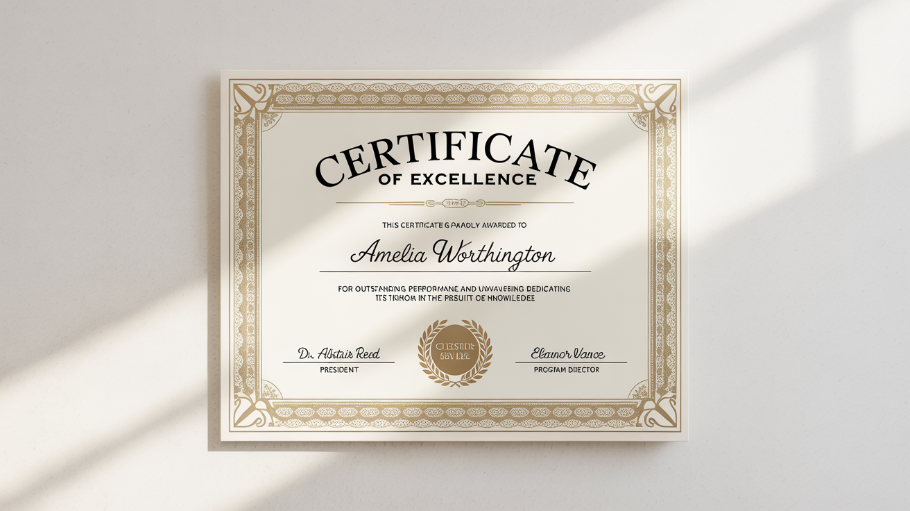 An elegant, photorealistic mockup of a certificate of excellence with a gold foil border and embossed seal, displayed on a clean white background.