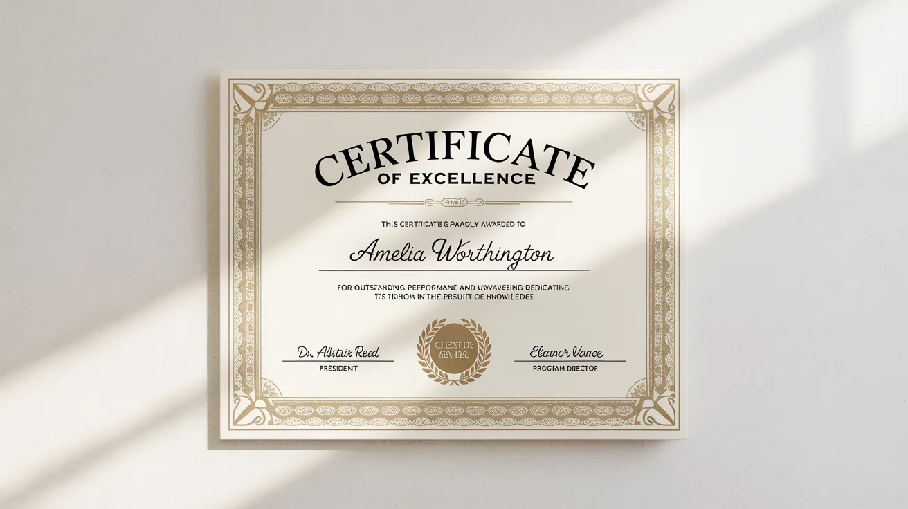An elegant, photorealistic mockup of a certificate of excellence with a gold foil border and embossed seal, displayed on a clean white background.