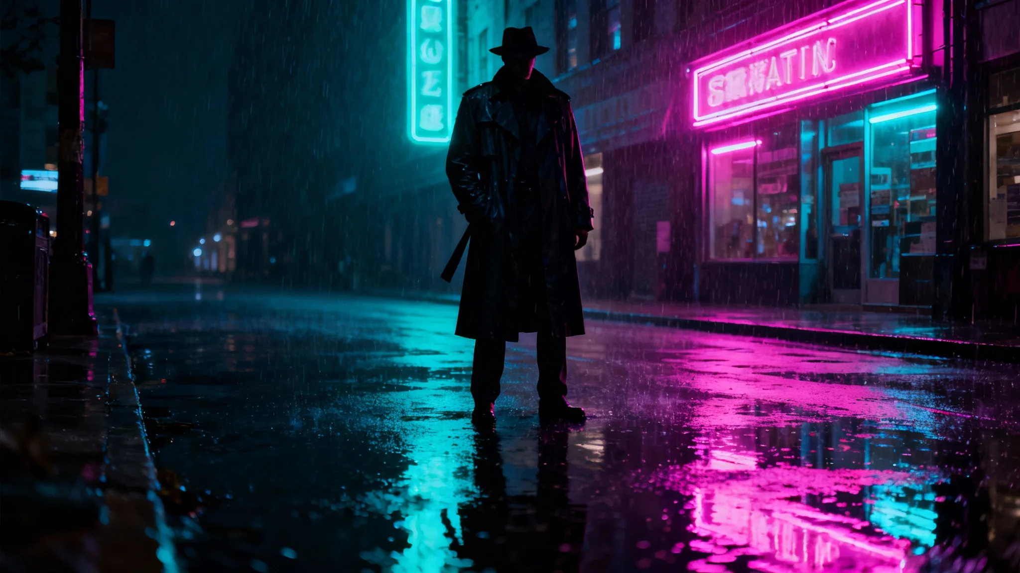 A cinematic image in the neo-noir art style showing a figure in a trench coat on a wet city street at night, illuminated by the colorful glow of neon signs, creating dramatic shadows and reflections.