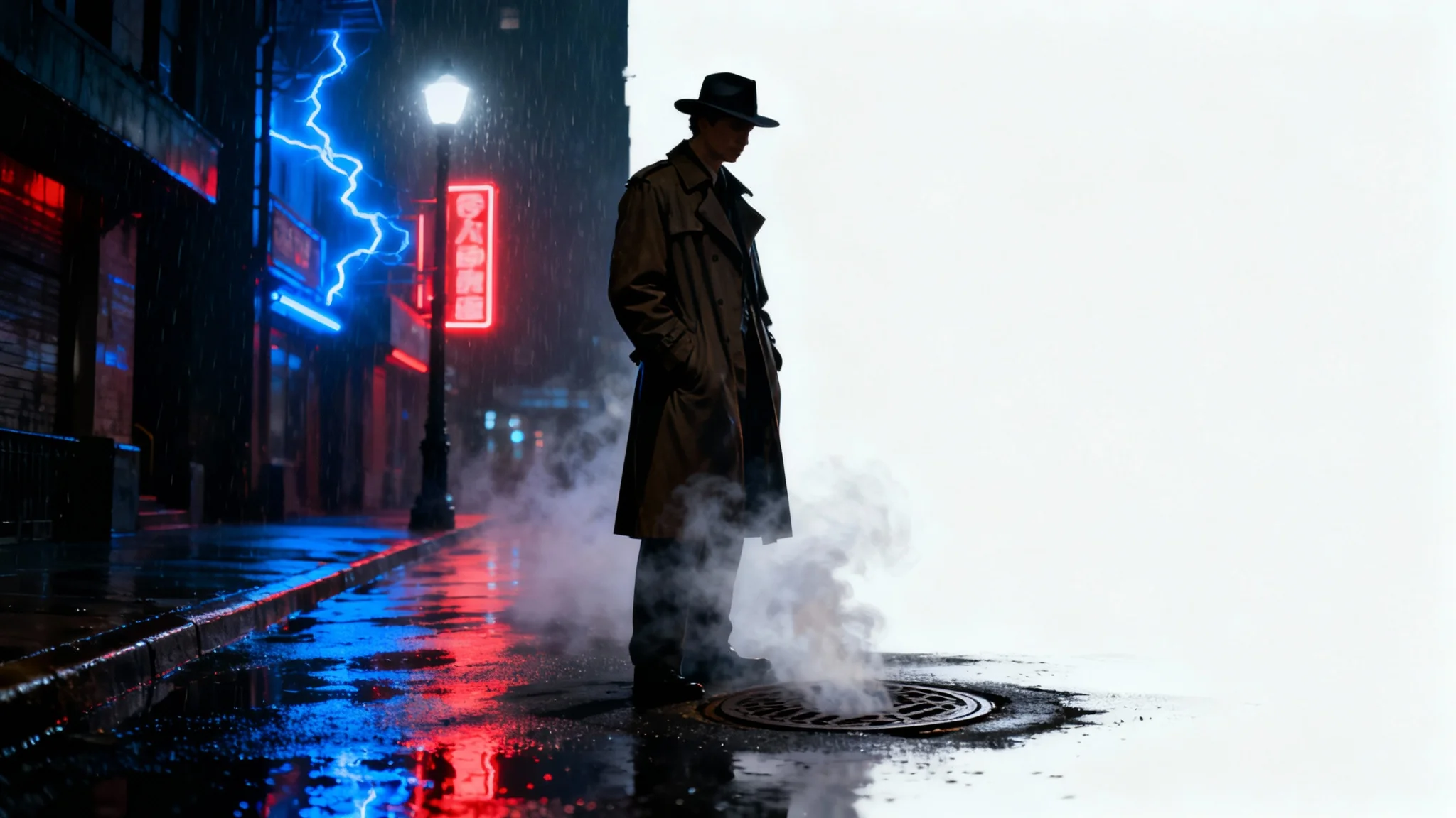 A photorealistic neo-noir artwork depicting a solitary figure in a trench coat on a rainy city street at night, with dramatic lighting and vibrant neon reflections.