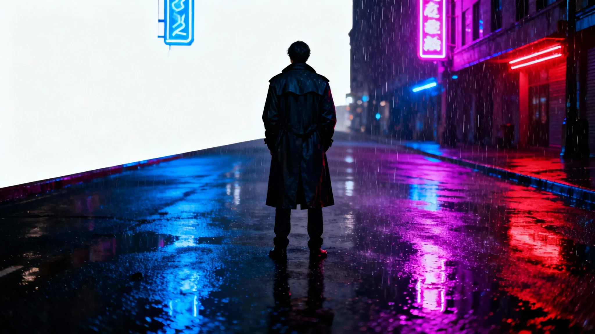 A hyper-realistic neo-noir artwork of a person in a trench coat on a rainy city street at night, illuminated by the dramatic, colorful reflections of neon signs on the wet pavement.