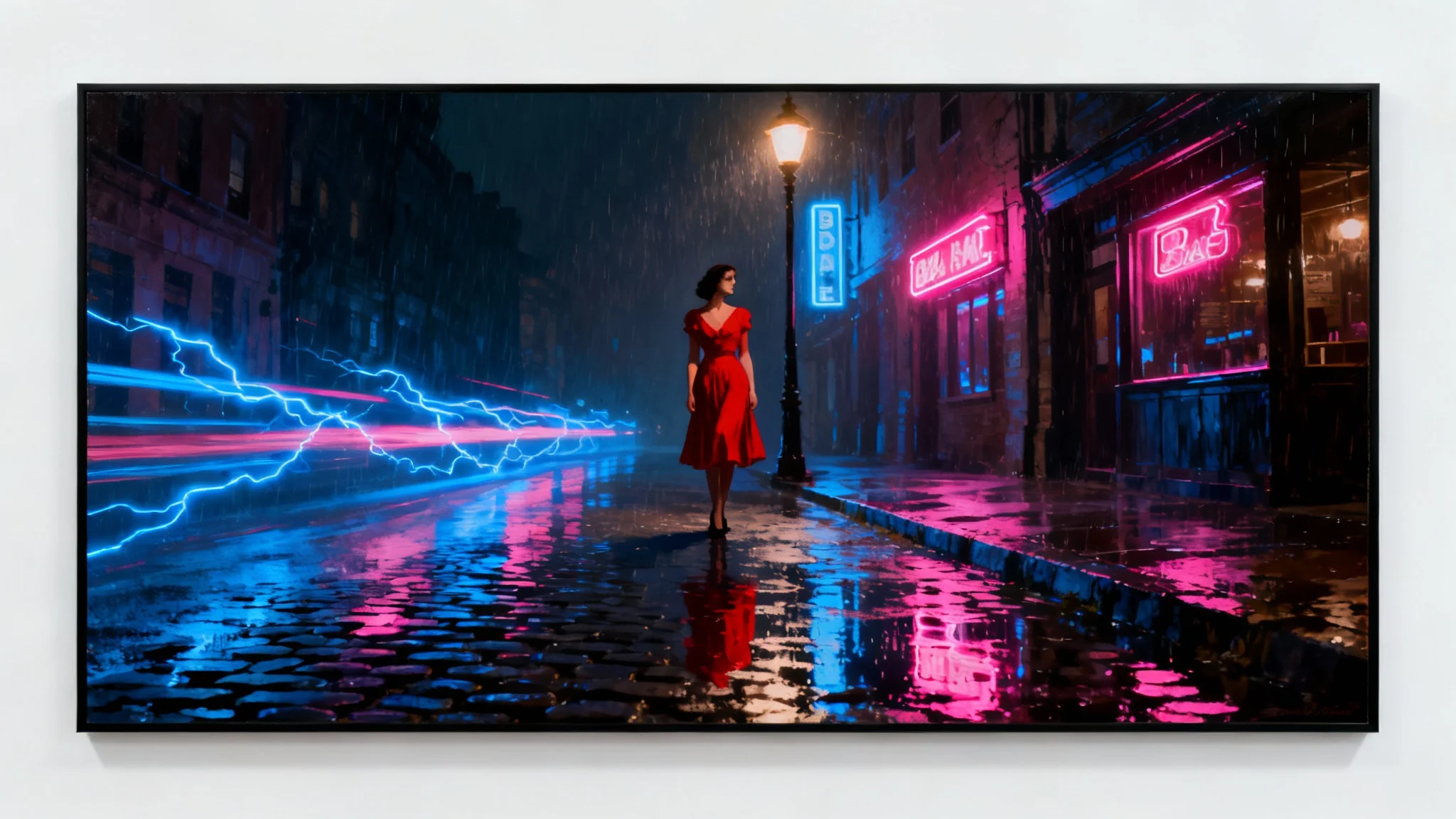 A framed art print in the neo-noir style against a white background. The art shows a woman in a red dress standing on a rainy, neon-lit city alley at night.