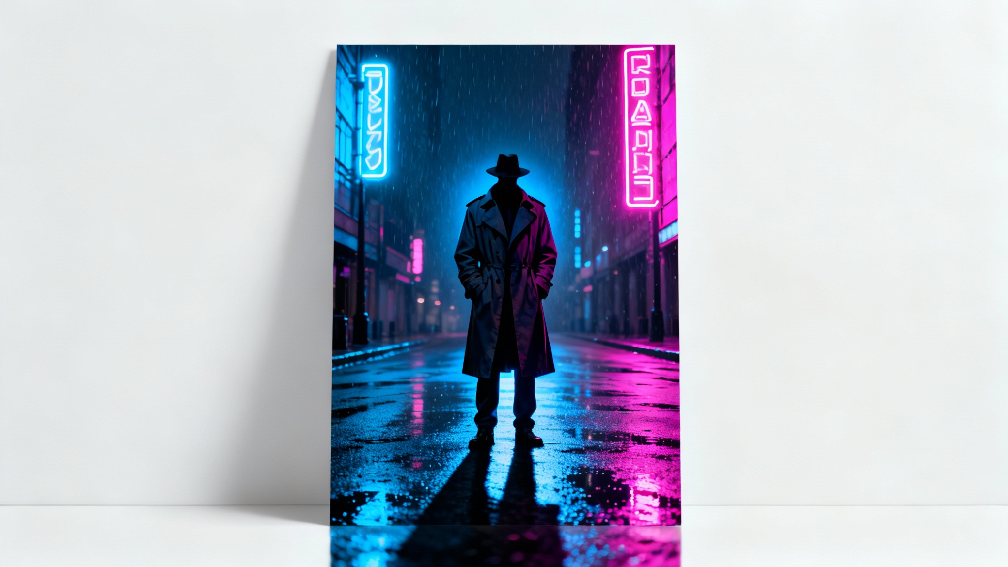 A photorealistic neo-noir art piece showing a mysterious figure in a trench coat on a rainy city street at night, dramatically lit by blue and magenta neon lights, presented on a white background.