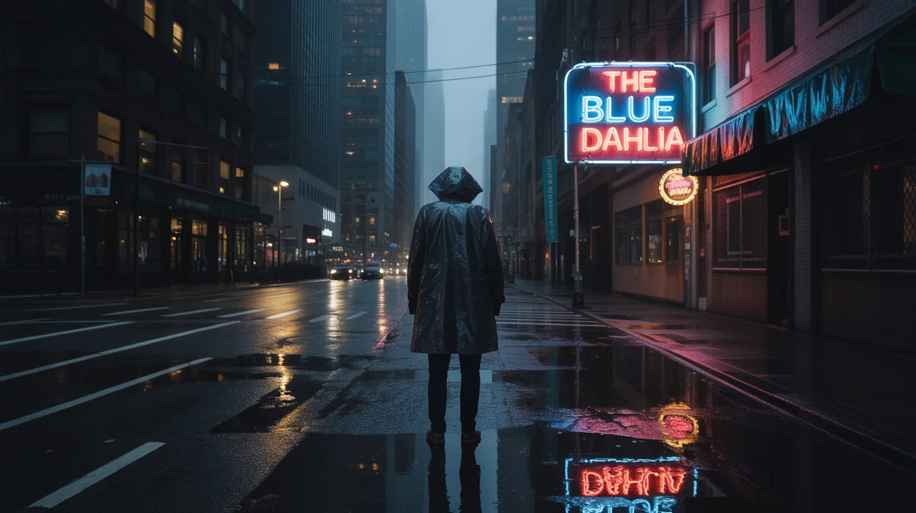 Neo-noir style art depicting a lone figure on a rainy city street at night, illuminated by a neon sign for 'THE BLUE DAHLIA' bar.