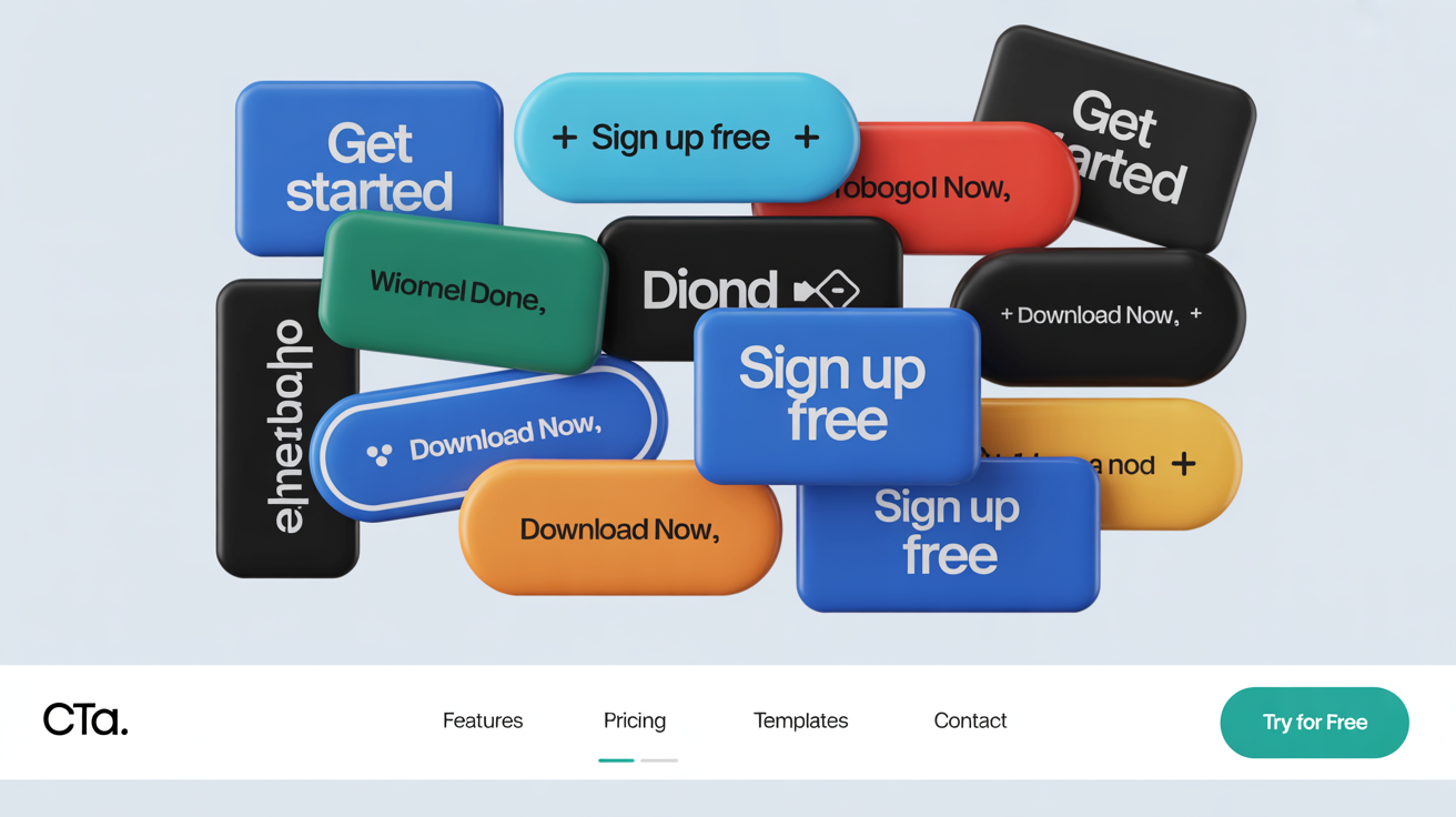 A collection of professionally designed call-to-action buttons in various colors like blue, green, and orange, arranged neatly on a light background, showcasing the output of a CTA button design tool.