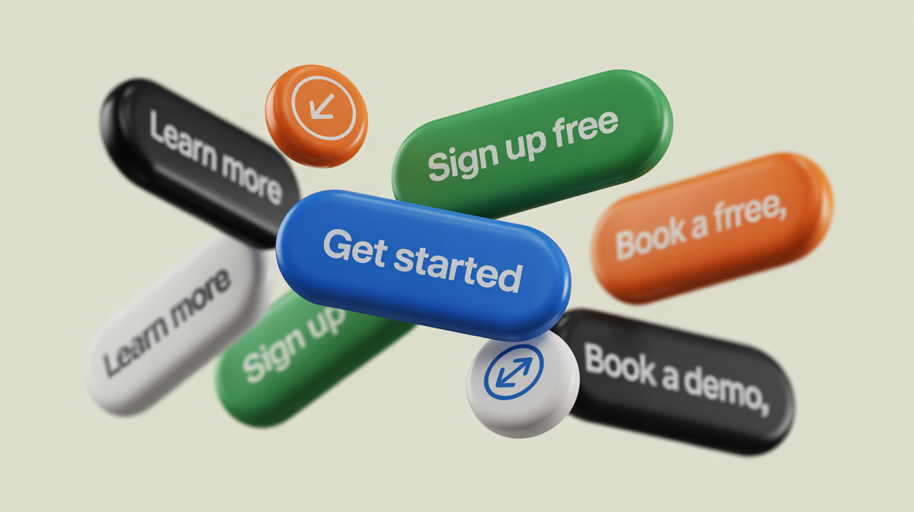 A collection of modern, colorful call-to-action buttons with text like 'Get Started' and 'Sign Up Free', arranged dynamically on a white background.