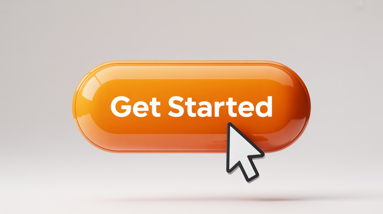 A 3D mockup of a bright orange call-to-action button with the text 'Get Started', with a mouse cursor poised to click it, set against a plain white background.
