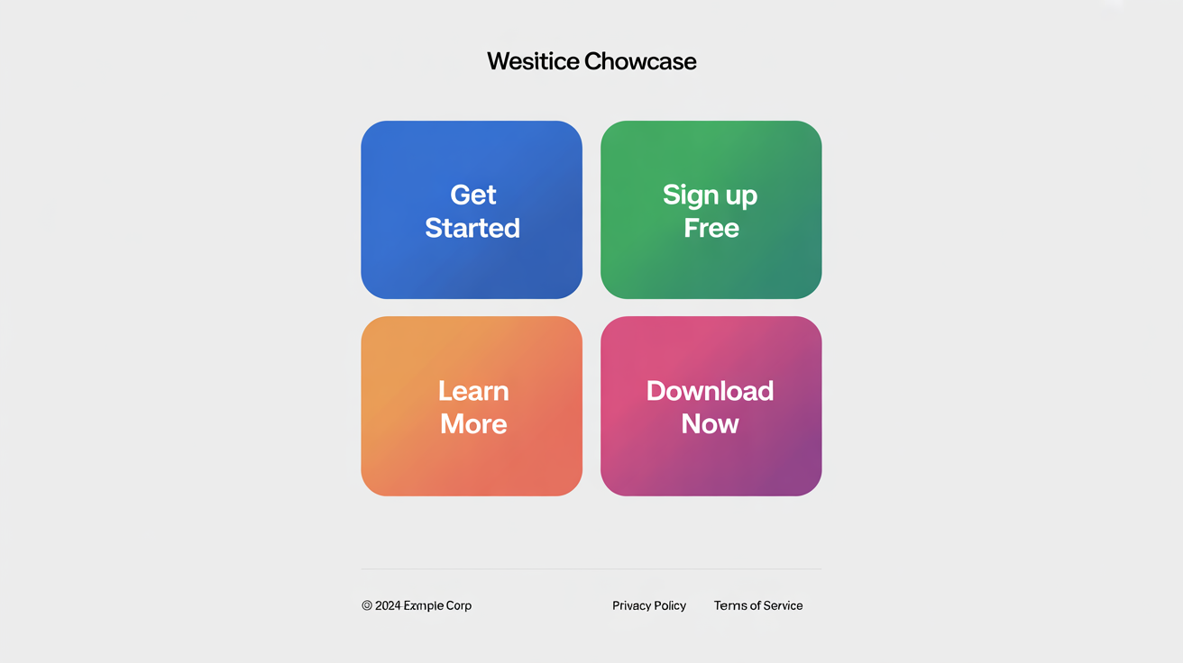 A collection of four modern, colorful call-to-action buttons with text like 'Get Started' and 'Sign Up Free', displayed neatly on a white background.