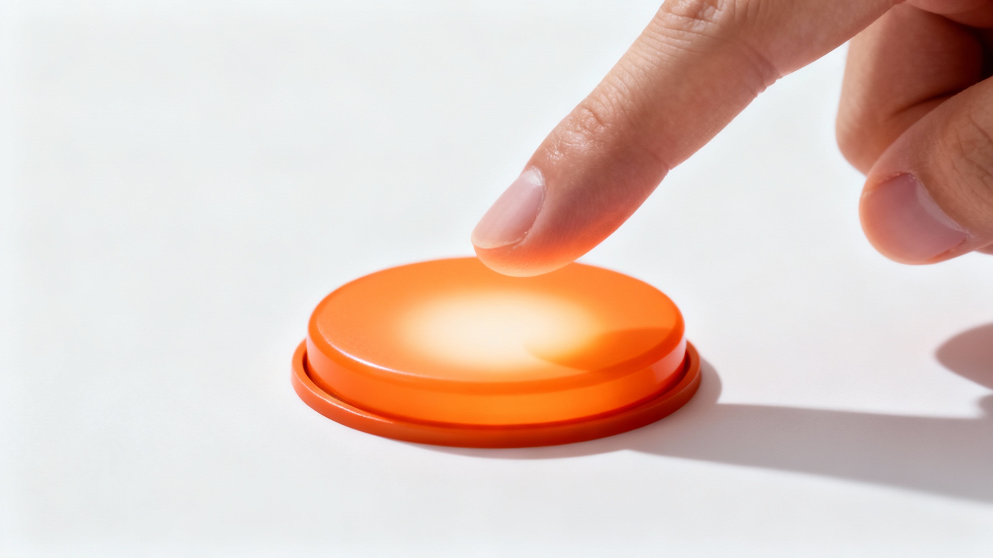 A hyperrealistic close-up of a person's finger about to press a large, glowing orange button on a plain white background, symbolizing a call to action.