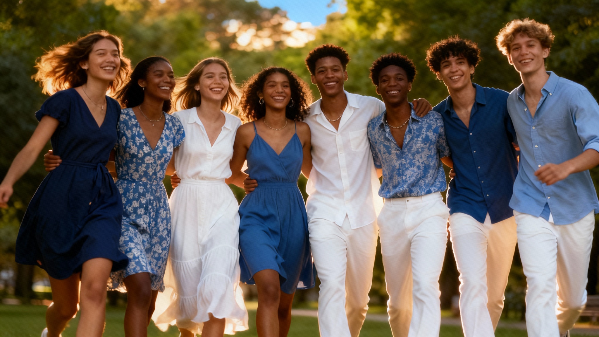 A vibrant group photo of eight friends outdoors, all wearing stylishly coordinated outfits in shades of blue and white, demonstrating the result of a color matching tool.