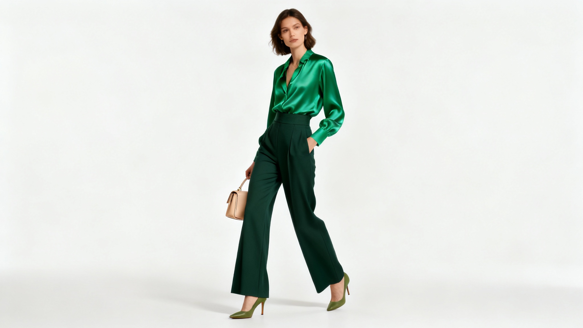 A stylish woman standing against a white background, wearing a color-coordinated outfit of an emerald green blouse and dark forest green trousers.