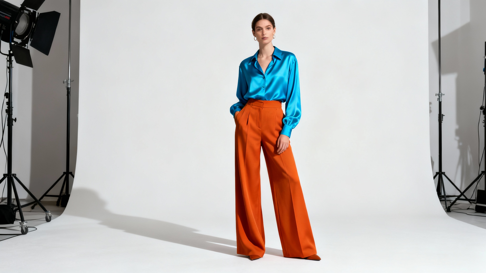A full-body photograph of a model wearing a stylish, color-coordinated outfit featuring a cerulean blue top and burnt orange pants, standing against a plain white background.