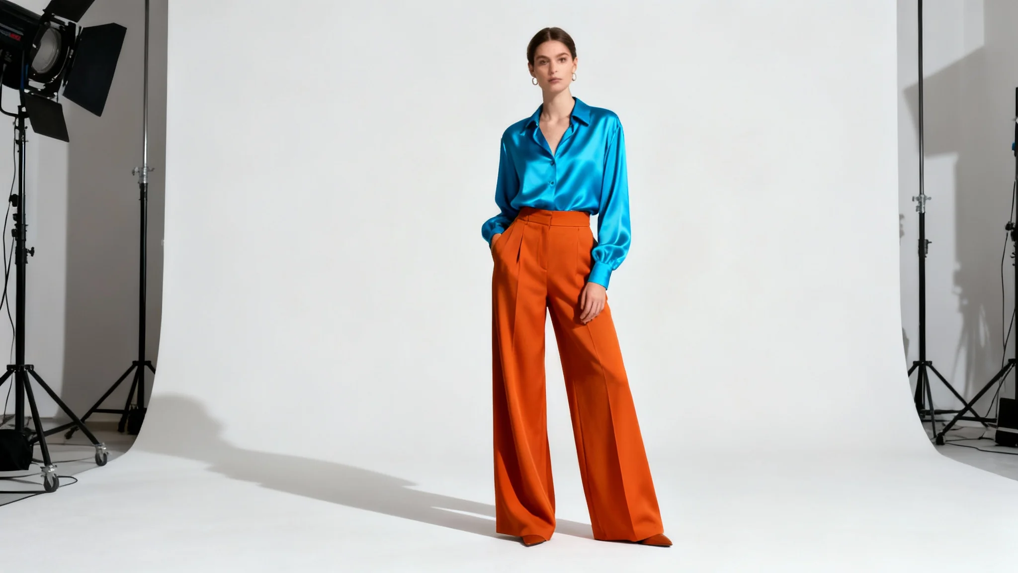 A full-body photograph of a model wearing a stylish, color-coordinated outfit featuring a cerulean blue top and burnt orange pants, standing against a plain white background.