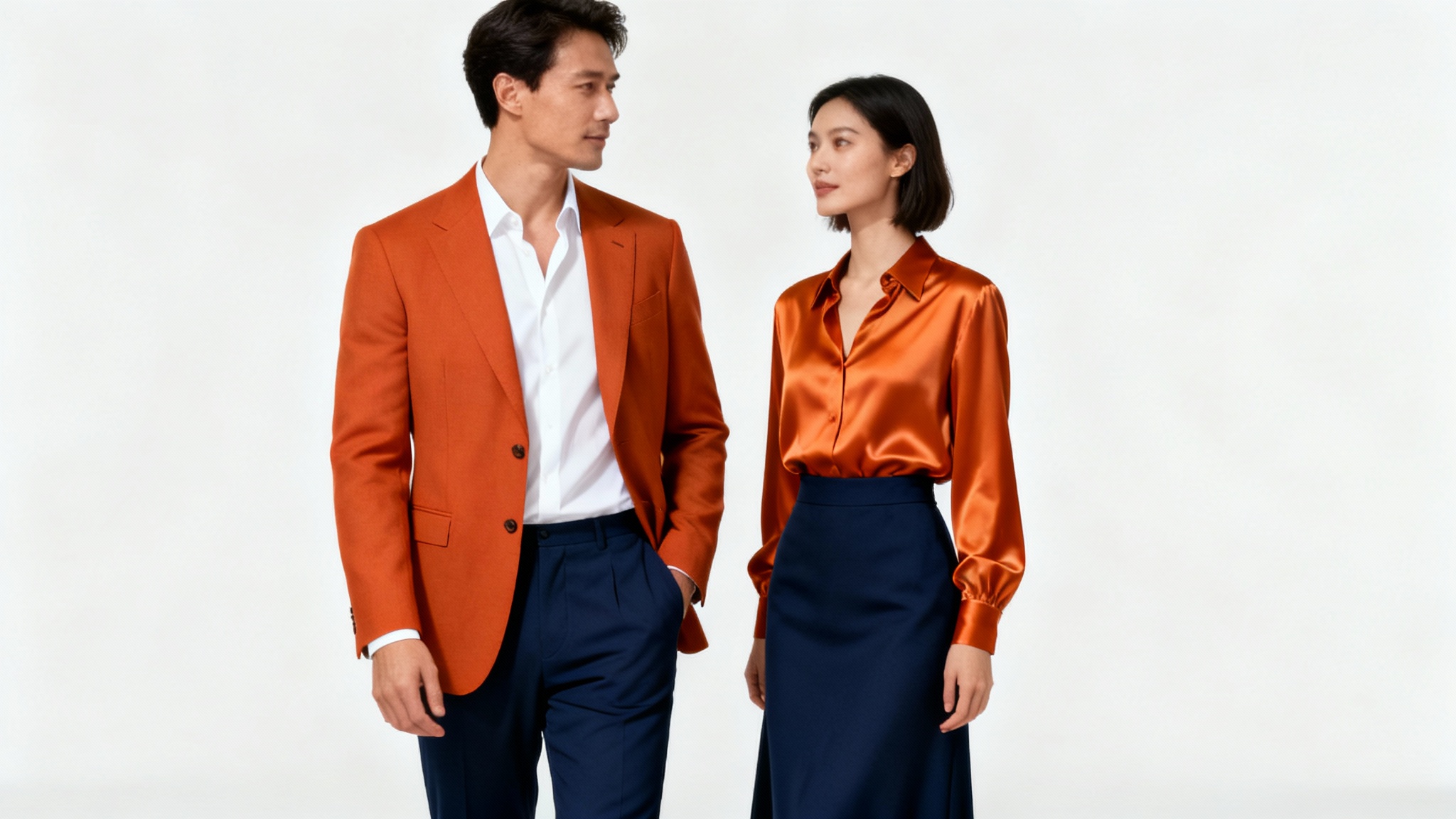 A stylish couple stands against a white background, wearing outfits with perfectly matched colors of burnt orange and navy blue, demonstrating color coordination in fashion.