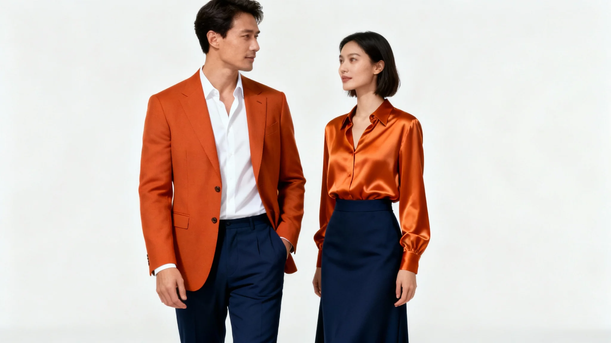 A stylish couple stands against a white background, wearing outfits with perfectly matched colors of burnt orange and navy blue, demonstrating color coordination in fashion.