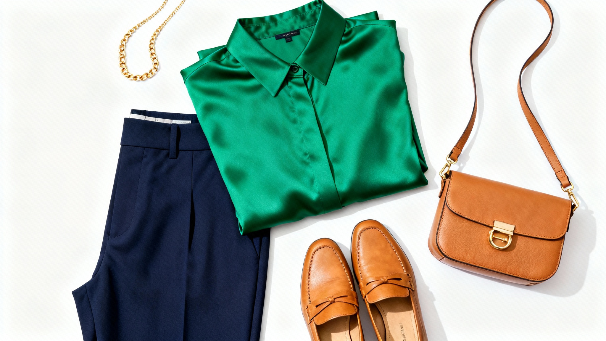 A top-down view of a stylish, color-coordinated outfit laid flat on a white background, featuring an emerald green blouse, navy blue trousers, and tan leather accessories.