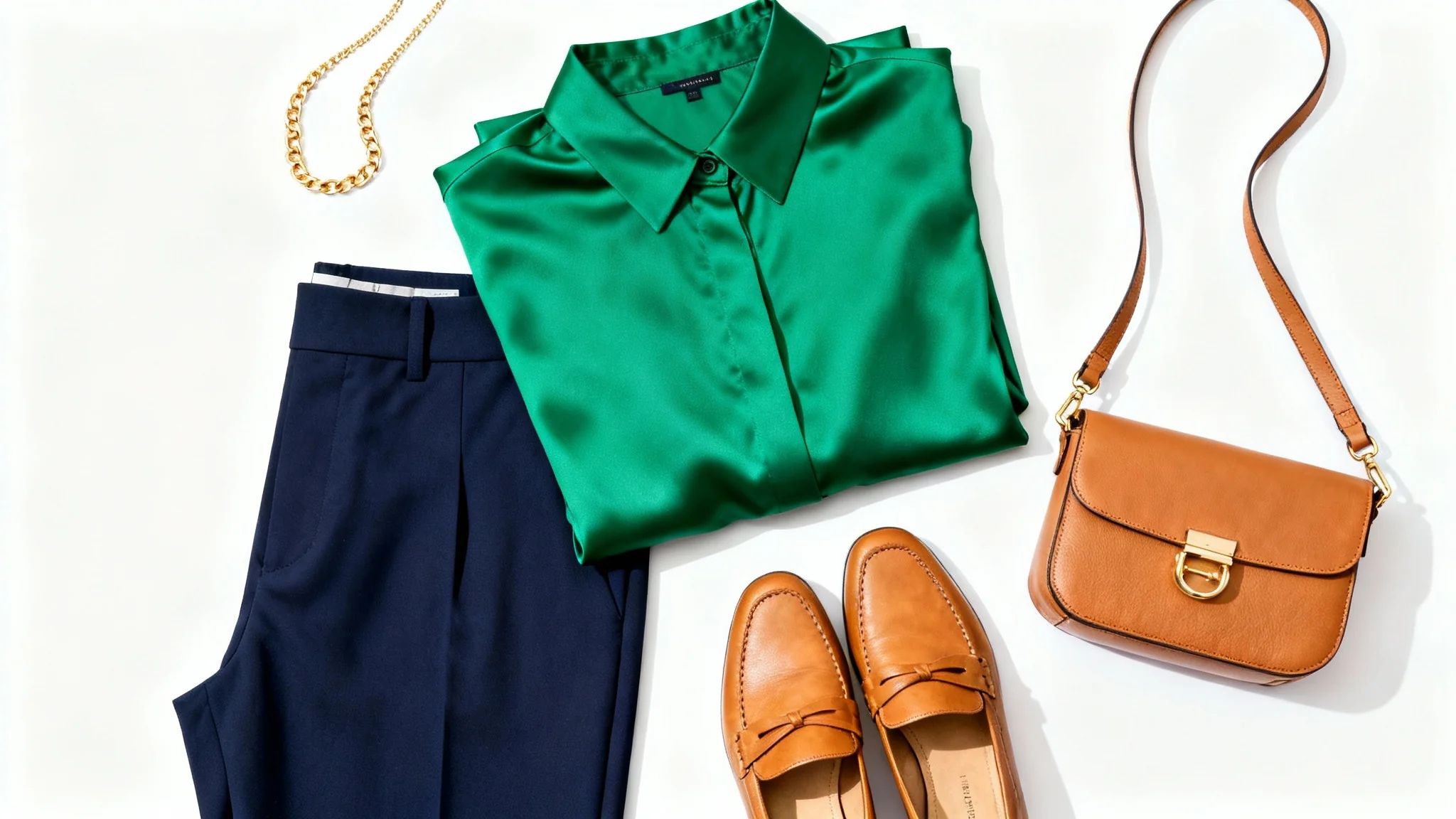 A top-down view of a stylish, color-coordinated outfit laid flat on a white background, featuring an emerald green blouse, navy blue trousers, and tan leather accessories.