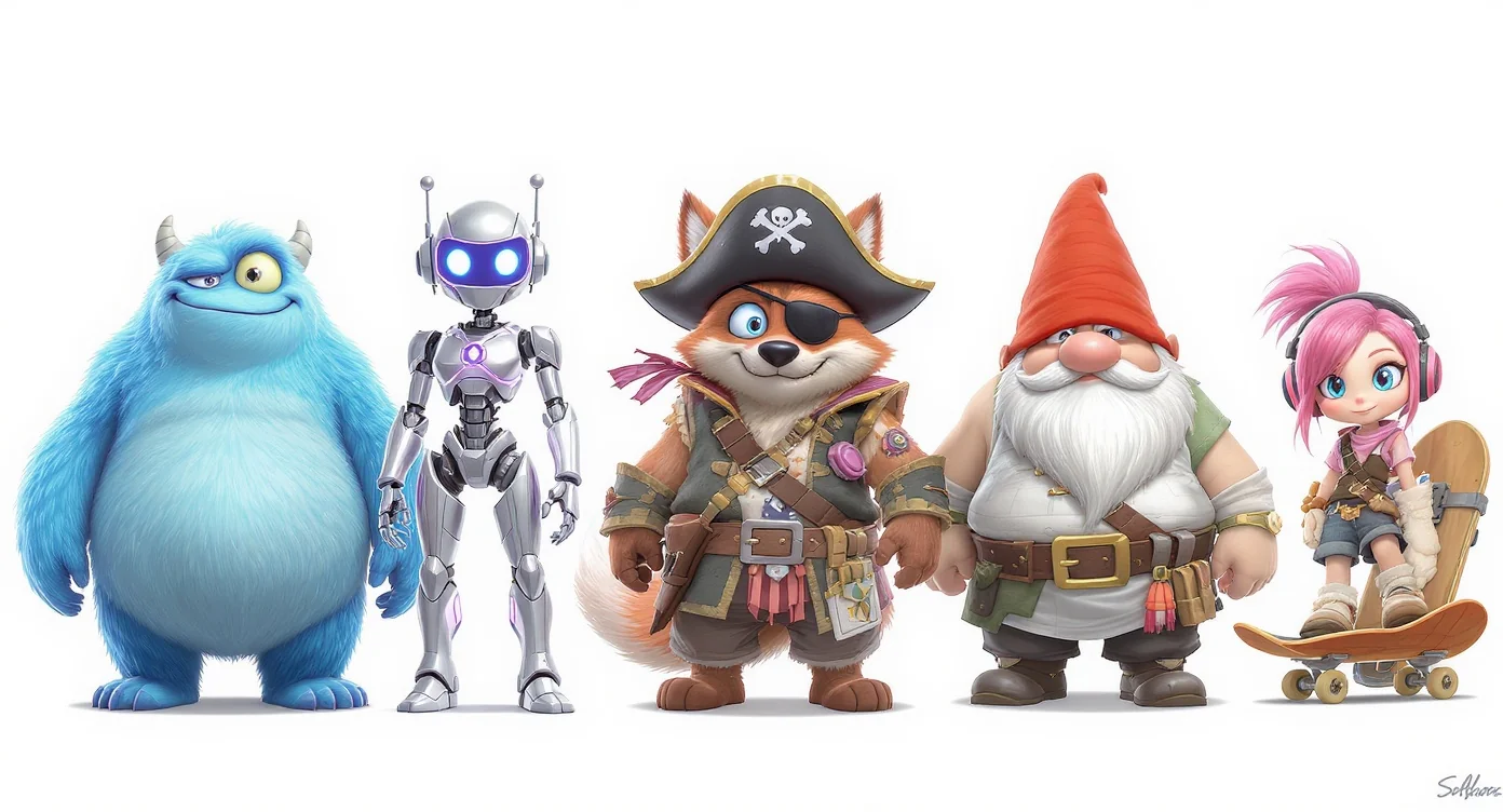 A lineup of five distinct, custom-designed cartoon characters showcased against a white background, demonstrating creative variety.