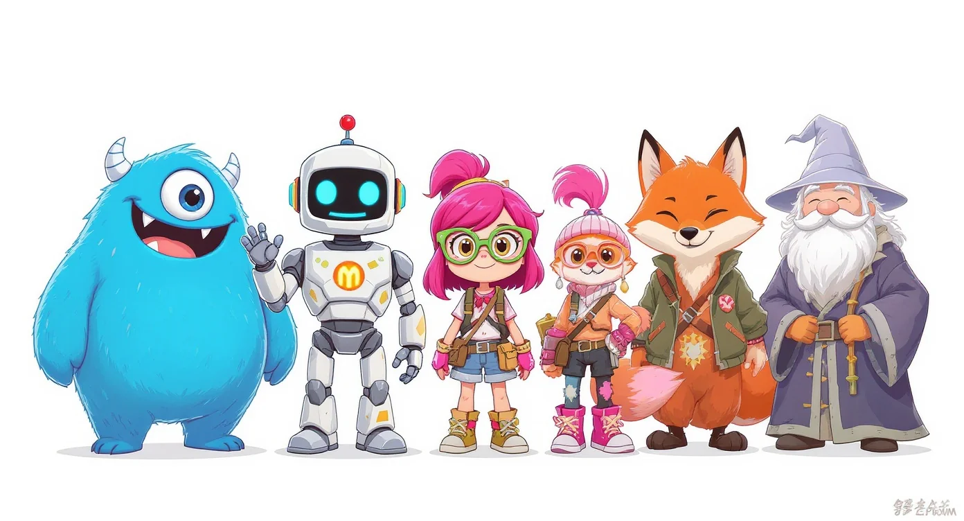 A colorful lineup of five unique cartoon characters, including a blue monster, a robot, a girl with pink hair, a fox, and a wizard, on a white background, representing custom character design.