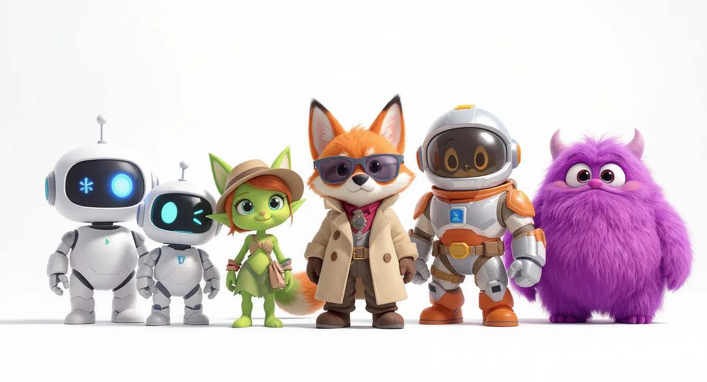A diverse group of five unique 3D cartoon characters, including a robot, a pixie, a detective fox, a space explorer, and a fluffy monster, standing in a lineup against a white background.