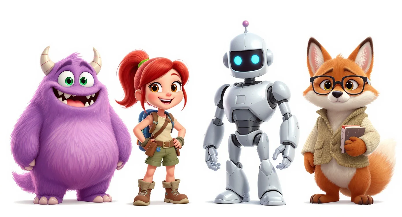 A diverse lineup of four professionally designed cartoon characters, including a purple monster, a female adventurer, a robot, and a fox in a vest, all standing against a clean white background.