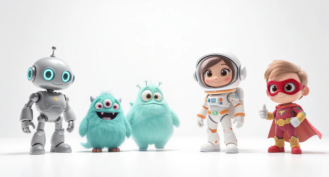 A colorful group of unique 3D cartoon characters, including a friendly robot, a fluffy monster, a female astronaut, and a kid superhero, posing together against a plain white background.