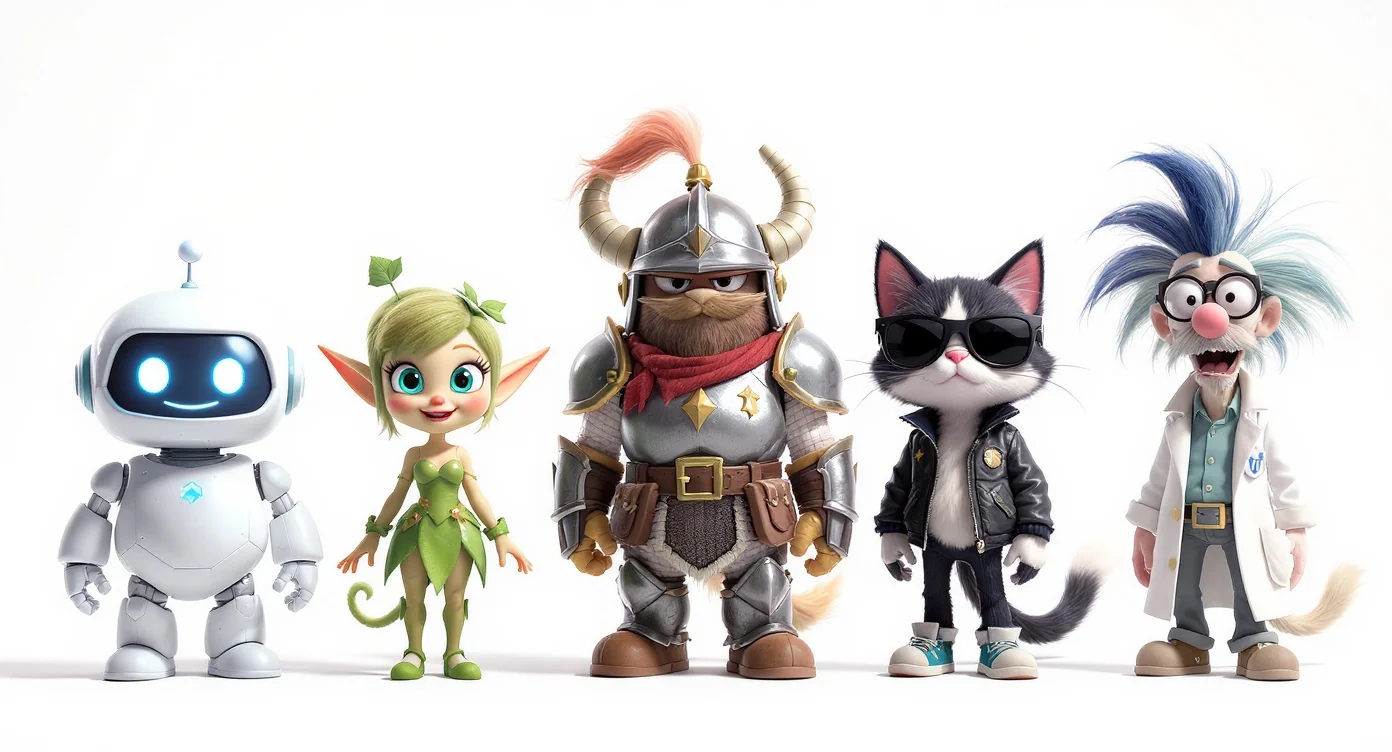 A lineup of five different custom 3D cartoon characters on a white background, demonstrating creative variety in character design.