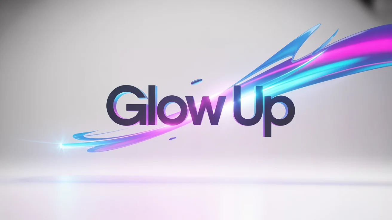 A mockup of a professional YouTube intro title card. On a white background, the words 'GLOW UP' are centered, with vibrant blue and magenta light streaks radiating from behind the text, creating a dynamic and energetic feel.