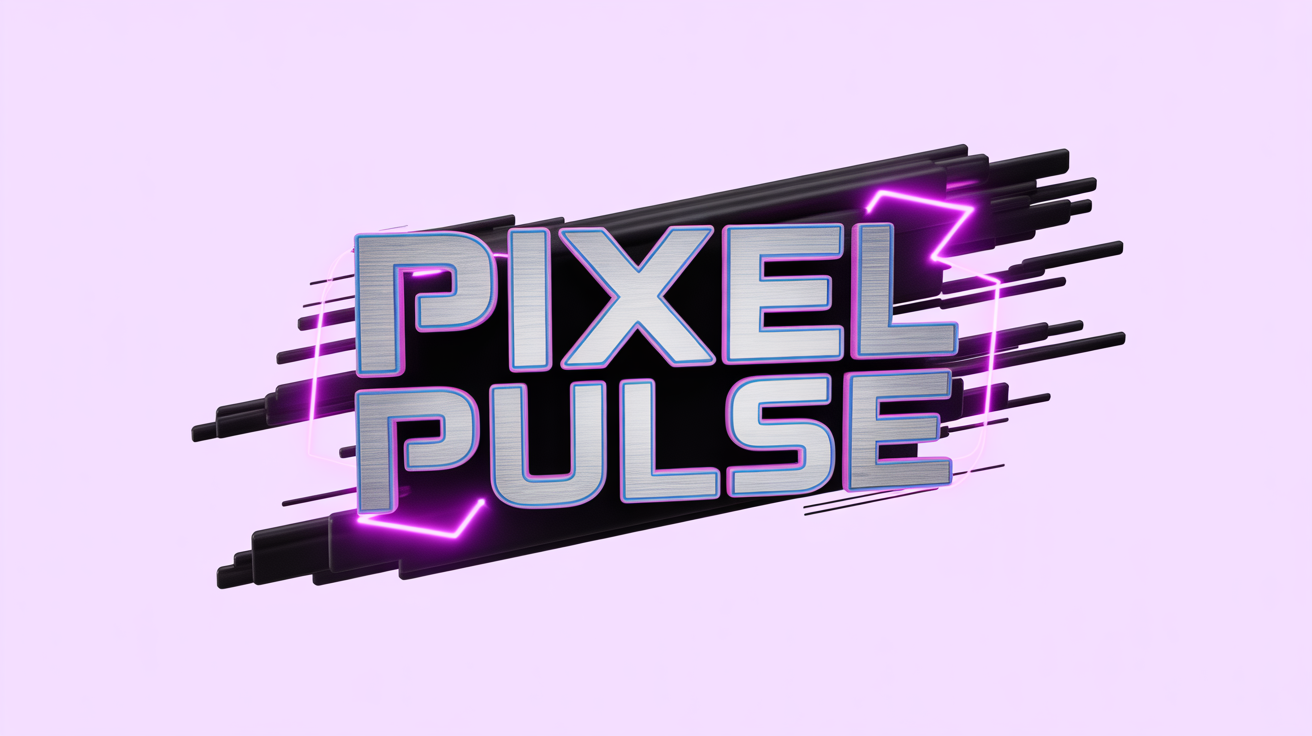 A mockup of a futuristic YouTube intro featuring the text 'Pixel Pulse' in a metallic font, surrounded by glowing blue and magenta light streaks and particles on a white background.