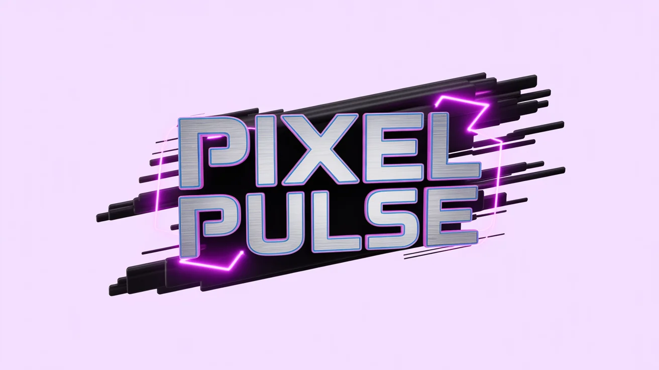 A mockup of a futuristic YouTube intro featuring the text 'Pixel Pulse' in a metallic font, surrounded by glowing blue and magenta light streaks and particles on a white background.