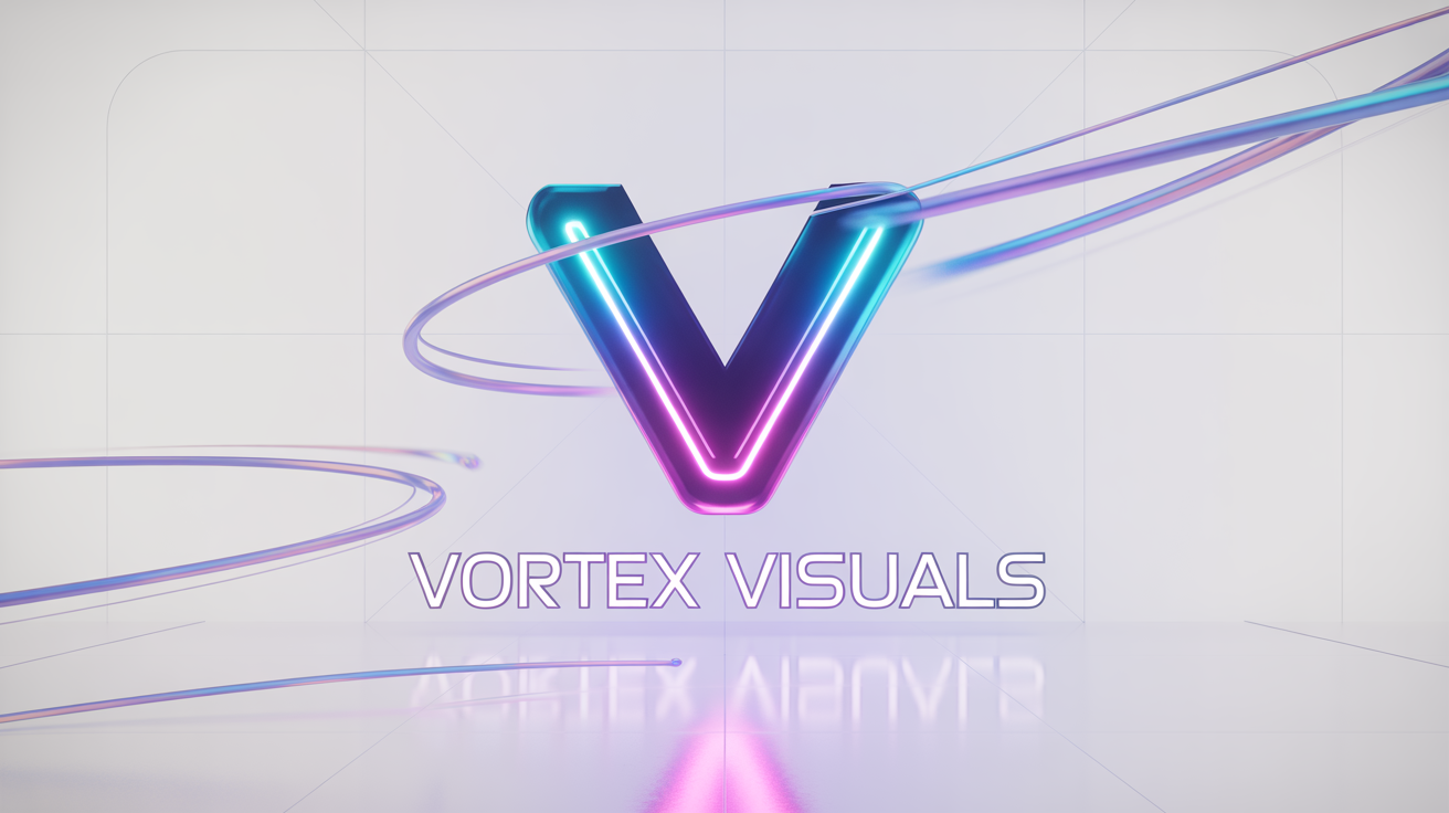 A mockup of a professional, high-energy YouTube intro screen for a channel named 'Vortex Visuals', featuring a glowing 3D 'V' logo and abstract light trails against a dark background, all displayed on a clean white surface.