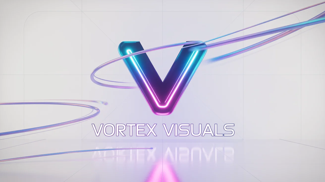 A mockup of a professional, high-energy YouTube intro screen for a channel named 'Vortex Visuals', featuring a glowing 3D 'V' logo and abstract light trails against a dark background, all displayed on a clean white surface.
