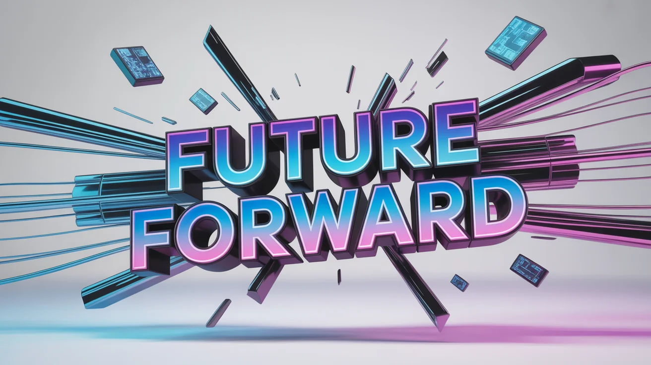 A dynamic 3D mockup for a YouTube intro. The text 'Future Forward' in a futuristic neon font bursts from the center, surrounded by an explosion of colorful geometric shapes and light streaks, all on a clean white background.