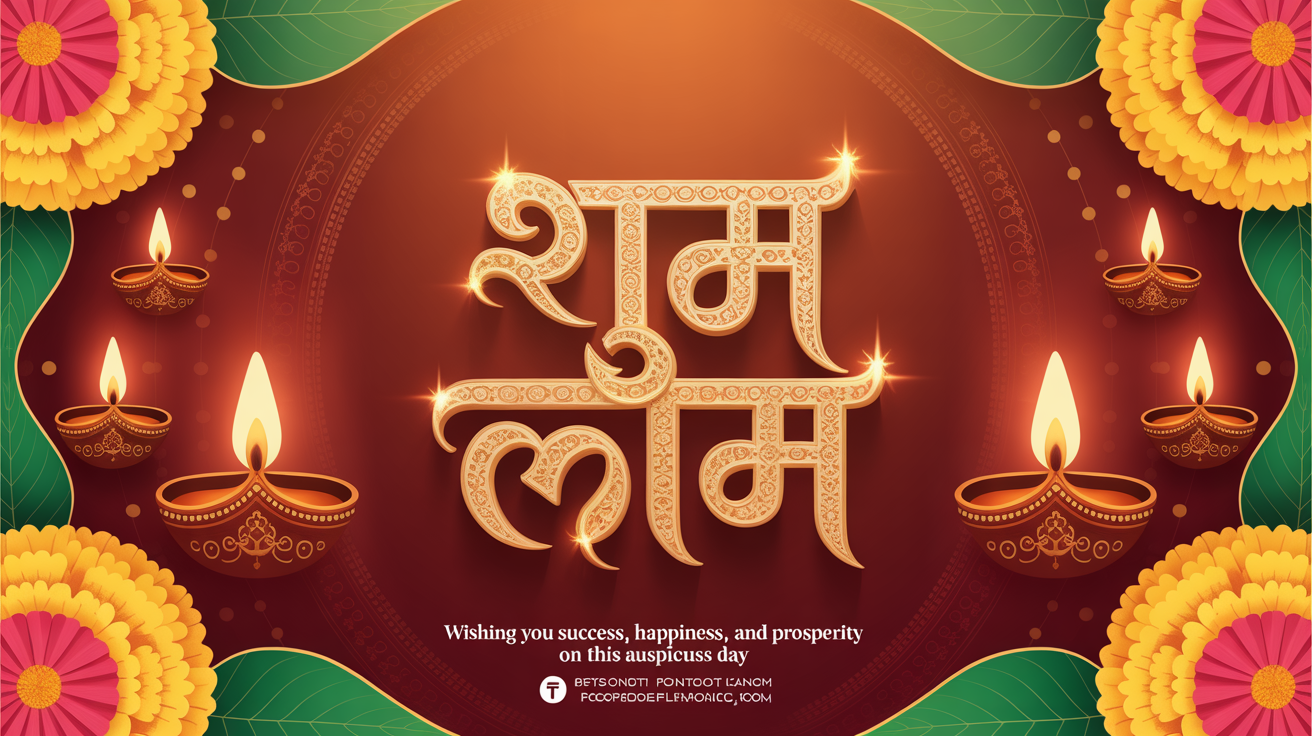 A festive digital graphic for Labh Pancham featuring the Hindi text 'Shubh Labh' in ornate gold lettering. The design is decorated with glowing oil lamps and flowers on a rich red and gold background, with a warm greeting in English at the bottom.