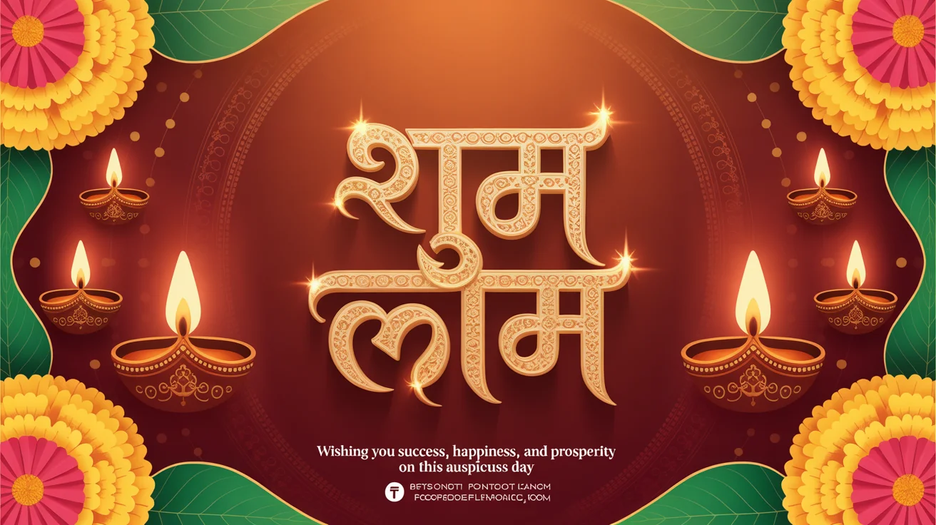 A festive digital graphic for Labh Pancham featuring the Hindi text 'Shubh Labh' in ornate gold lettering. The design is decorated with glowing oil lamps and flowers on a rich red and gold background, with a warm greeting in English at the bottom.