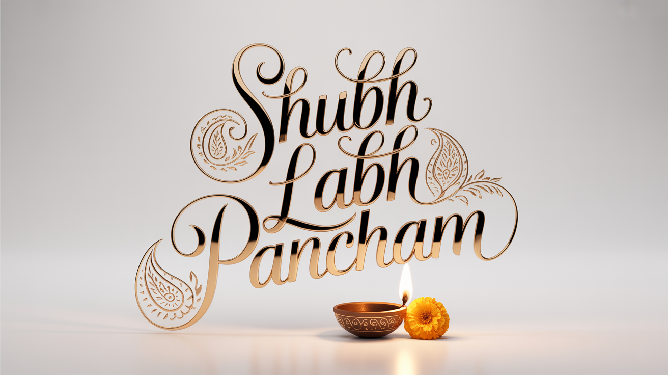 A sophisticated typographic design for the Hindu festival Labh Pancham. The words 'Shubh Labh Pancham' are rendered in golden calligraphy, accompanied by a small lit diya and a marigold flower, all set against a clean white background.