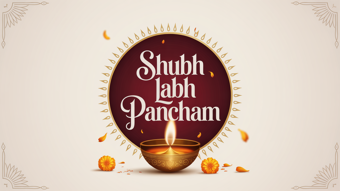 A festive typographic design for Labh Pancham, featuring the words 'Shubh Labh Pancham' in elegant gold and maroon calligraphy, surrounded by a glowing diya and marigold flowers on a clean white background.