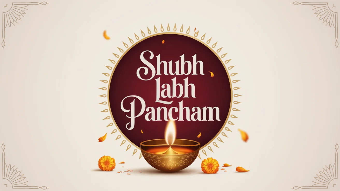 A festive typographic design for Labh Pancham, featuring the words 'Shubh Labh Pancham' in elegant gold and maroon calligraphy, surrounded by a glowing diya and marigold flowers on a clean white background.